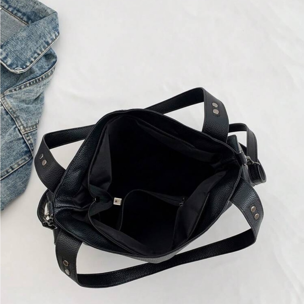 Y2k Large Capacity Shoulder Bag, Black PU Leather Cross Tote - Picture 4 of 5